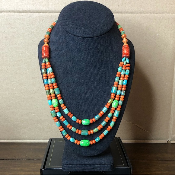 JAY KING DTR Desert Rose Turquoise Coral Triple Strand Sterling Silver Necklace